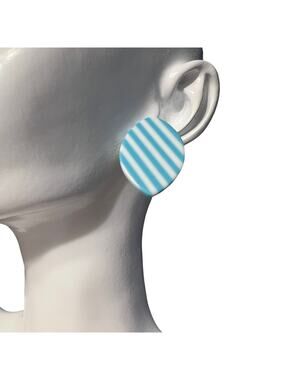Vintage Ellipse Striped Post Earrings Aqua & White